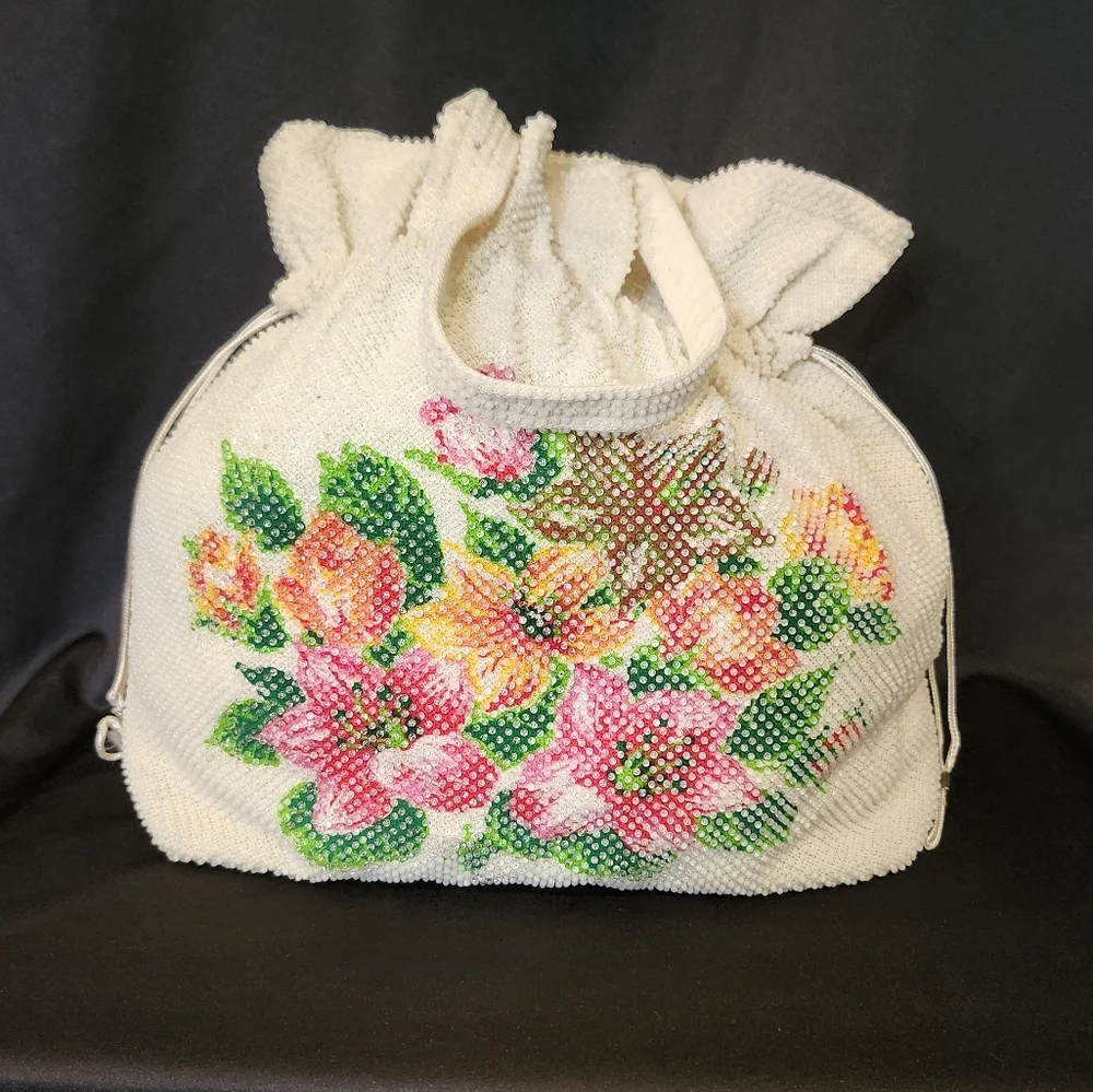 Floral Beaded‎ Satchel Colorful Drawstring Handles Bohemian Hippie Bloomcore